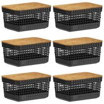 Kit 6 Cestos 2,5L Organizador OU Preto com Tampa de Bambu Kit 6 Cestos 2,5L Organizador OU Preto com Tampa de Bambu