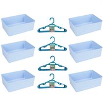 Kit 6 Cestos Multiuso Decorativo e 20 Cabides Infantis Azul - 123 Organizei