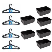 Kit 6 Cestos Multiuso Decorativo e 20 Cabides Infantis Preto
