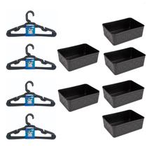 Kit 6 Cestos Multiuso Decorativo E 20 Cabides Infantis Preto