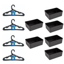 Kit 6 Cestos Multiuso Decorativo e 20 Cabides Infantis Preto