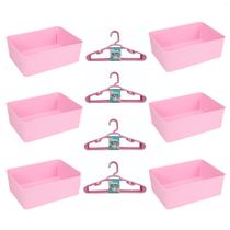Kit 6 Cestos Multiuso Decorativo e 20 Cabides Infantis Rosa