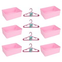 Kit 6 Cestos Multiuso Decorativo e 20 Cabides Infantis Rosa