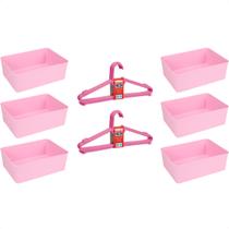 Kit 6 Cestos Multiuso e 10 Cabides Infantil Reforçado Rosa