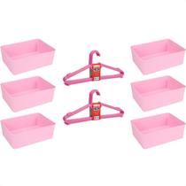 Kit 6 Cestos Multiuso E 10 Cabides Infantil Reforçado Rosa