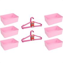 Kit 6 Cestos Multiuso E 10 Cabides Infantil Reforçado Rosa