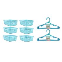 Kit 6 Cestos Organizador 16x12x6Cm Azul + 10 Cabide Infantil 123Organizei Kit 6 Cestos Organizador 16x12x6Cm Azul + 10 Cabide Infantil 123Organizei