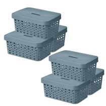 Kit 6 Cestos Organizador Multiuso Com Tampa Trama Rattan 4,5l Rosa / Verde / Azul / Vermelha