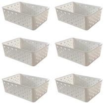 Kit 6 Cestos Organizadores Branco Multiuso Médio Empilhável Gaveta Armário Lavanderia 19x14x6,5
