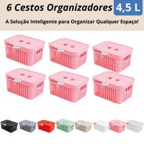 Kit 6 Cestos Organizadores c/Tampa Rattan 4,5 litros Multiuso Ideal para armário e gavetas LP HOUSE