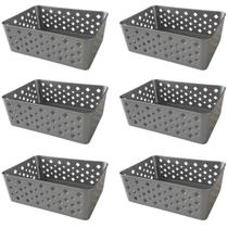 Kit 6 Cestos Organizadores Cinza Multiuso Médio Empilhável Gaveta Armário Lavanderia 19x14x6,5