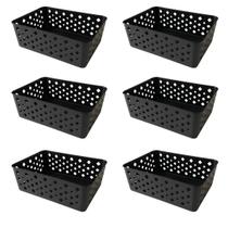 Kit 6 Cestos Organizadores Preto Multiuso Médio Empilhável Gaveta Armário Lavanderia 19x14x6,5