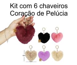 Kit 6 Chaveiros Pompom Coração Pelúcia Dia das Mães Namorado