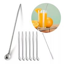 Kit 6 Colher Canudo Aço Inox Reutilizável + Escova Limpeza Mexedor Drinks P/ Casa Bar Restaurante