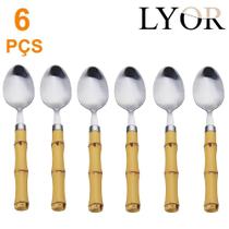 Kit 6 Colheres para Sobremesa com cabo Plástico Bambu Natural Talheres Aço Inox Lyor - 7387 Kit 6 Colheres para Sobremesa com cabo Plástico Bambu Natural Talheres Aço Inox Lyor - 7387