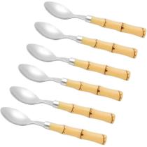 Kit 6 colheres sobremesa Cabo De Bambu Conjunto Aço Inox