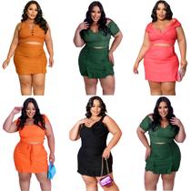 Kit 6 Conjunto plus size feminino liso cropped + short saia