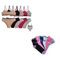 Kit 6 Conjunto Sutiã Calcinha Infanto Juvenil + 6 Pares Meia Cano Alto