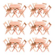 Kit 6 Conjuntos Mesa Dobrável 60x60cm Com 4 Cadeiras Em Madeira Maciça - Cru