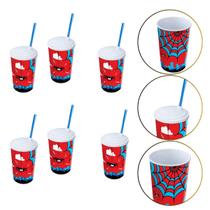 Kit 6 Copo de Plástico 550 ML Herói Homem Aranha Com Canudo