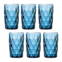 Kit 6 Copo Vidro Grosso Diamond Azul Furta Cor Alto Agua Transparente 350ml