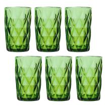 Kit 6 Copo Vidro Grosso Diamond Verde Furta Cor Alto Agua Transparente 350ml