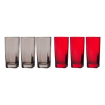 Kit 6 Copos de Vidro 320ml 3 Vermelho e 3 Cinza Texas Agua