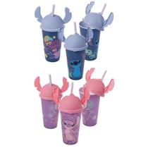 Kit 6 Copos Stitch e Angel 500ml Com Tampa Ludica Canudo Orelhinha para Refri Bpa Free Disney Lembrancinha Festa