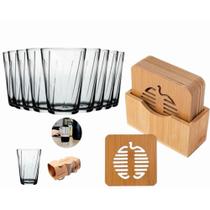 Kit 6 Copos Vidro Amazonia + 6 Descanso de Copos e Suporte