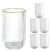 Kit 6 Copos Vidro Versalhes Borda Dourada Canelado Bulk Long Drink Agua 420ml