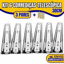 Kit 6 Corrediça Telescópica Light 30cm Zincada H35 Trilha Para Gaveta Armário Gavetas 30kg 3 Pares