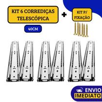 Kit 6 Corrediças Gaveta Trilho Telescópica Light Com Parafusos 40cm