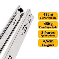 Kit 6 Corrediças Telescópica P/ Gaveta Reforçada 45cm 3 Pares 45 Kg