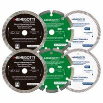Kit 6 Disco Diamantado Porcelanato, Turbo e Segmentado 4.3/8 Pol (110mm) Menegotti Kit 6 Disco Diamantado Porcelanato, Turbo e Segmentado 4.3/8 Pol (110mm) Menegotti