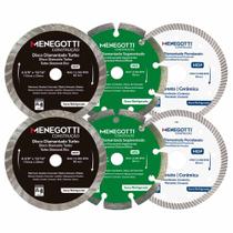 Kit 6 Disco Diamantado Porcelanato, Turbo e Segmentado 4.3/8 Pol (115mm) Menegotti