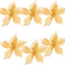 Kit 6 Enfeite Natal Decorativo Flor Poinsettia Dourada Luxo - Bela Flor