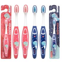 Kit 6 Escovas de Dente Infantil Dinossauro Macia Dental Acima de 3 Anos Cabo Emborrachado Rosa Azul YS43370