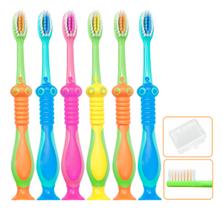 Kit 6 Escovas De Dente Infantil Macia Ventosa Capa Protetora