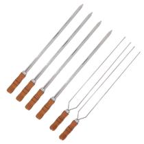 Kit 6 Espetos 4 Espada E 2 Duplo 40cm Inox - Cabo De Madeira