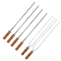 Kit 6 Espetos 4 Espada E 2 Duplo 70cm Inox - Cabo De Madeira