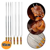 Kit 6 Espetos Churrasco Aço Inox 65 Cm Cabo Madeira