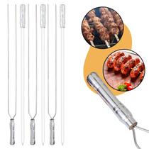 Kit 6 Espetos Churrasco Aço Inox Duplo 85/95cm Suporte Carne Costela Linguiça Aperitivos Churrasqueira Fogo de Chão Cabo Madeira Revestido