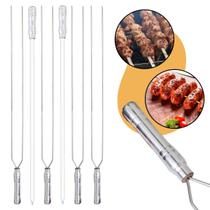 Kit 6 Espetos Churrasco Aço Inox Duplo 85/95cm Suporte Carne Costela Linguiça Aperitivos Churrasqueira Fogo de Chão Cabo Madeira Revestido