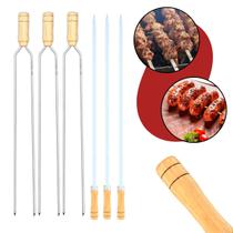 Kit 6 Espetos de Aço Galvanizado Chatos Duplos para Assar Churrasco com Cabo de Madeira Carne Costela Linguiça Aperitivos Fogo de Chão Churrasqueira
