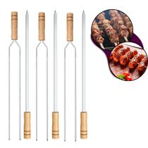 Kit 6 Espetos de Aço Galvanizado Chatos Duplos para Assar Churrasco com Cabo de Madeira Carne Costela Linguiça Aperitivos Fogo de Chão Churrasqueira