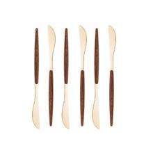 Kit 6 Facas p/ Mesa Aço Inox Dourado Cabo Estampa Madeira Organic 22cm Lyor