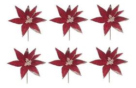 Kit 6 Flor Veludo Glitter Buquê Pick Natal Vermelho Escuro