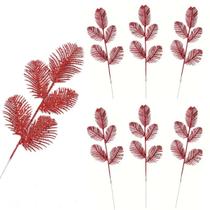 Kit 6 Galho Folha Decorativa Arvore Vermelha Gliter 38cm