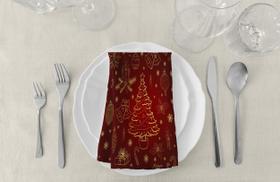 Kit 6 Guardanapos De Tecido Oxford Árvore de Natal Elementos Dourados