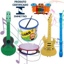 Kit 6 Instrumentos Musical Tambor Violão Guitarra Pandeiro Flauta Xilofone Bumbo Infantil Brinquedo Banda